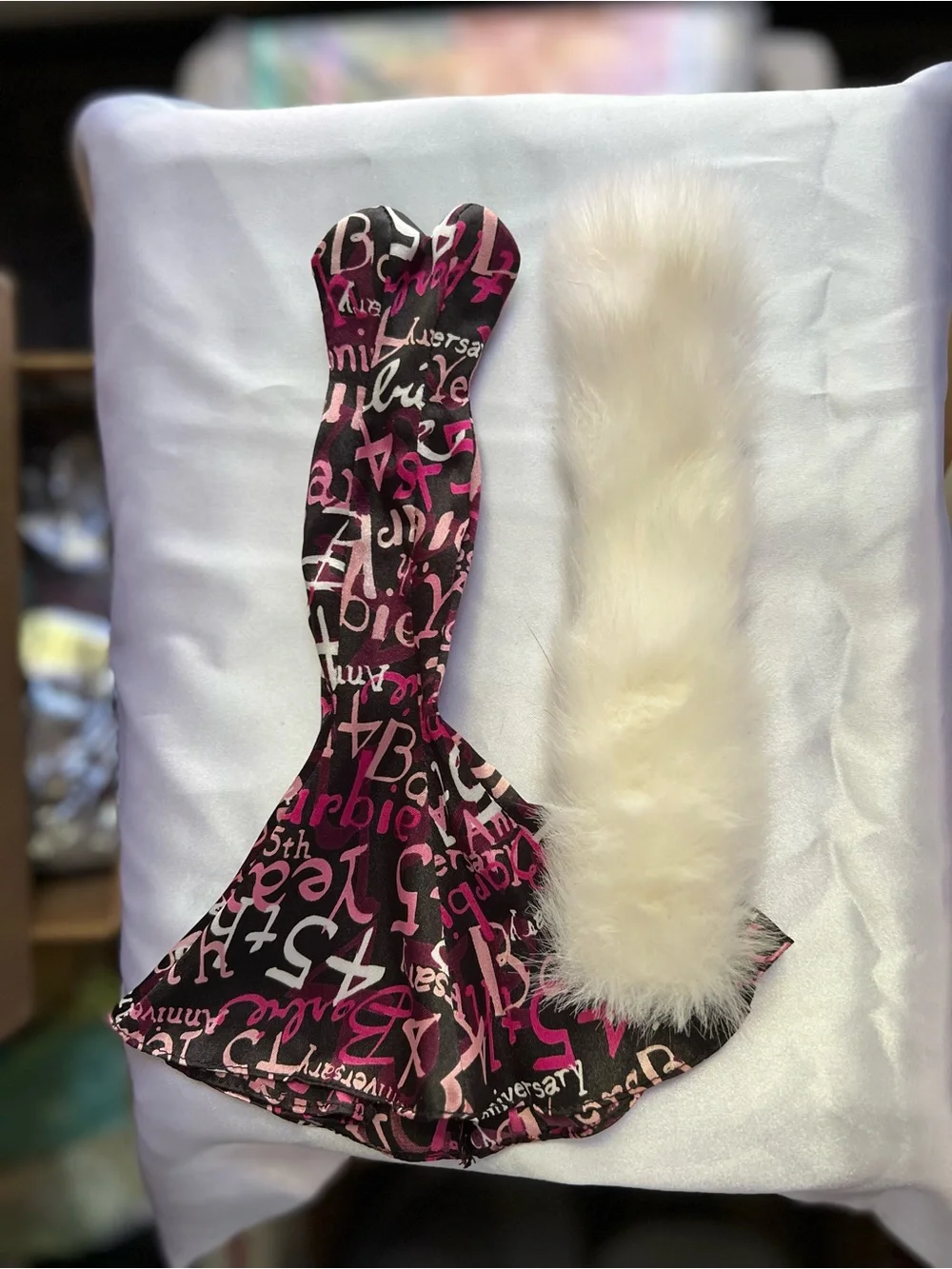 Barbie 45th Anniversary Black & Pink Script Mermaid Gown w/Cream Faux-Fur Stole